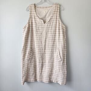 Eileen Fisher Organic Linen Dress Womens L Beige Tan Check Beach Coverup Coastal